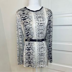 Vintage Gray Python Print Long Sleeve Satin Popover Blouse with Black Trim